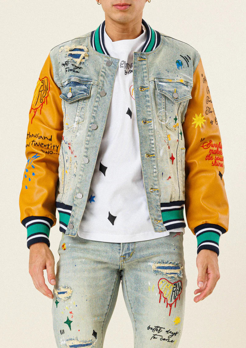 FIRST ROW ALL OVER EMBROIDERED VARSITY DENIM JACKET