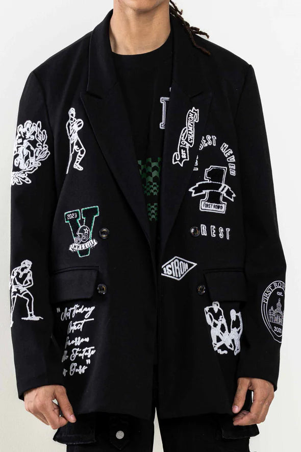 FIRST ROW: MULTI PATCHES DOUBLE BREASTED BLAZER