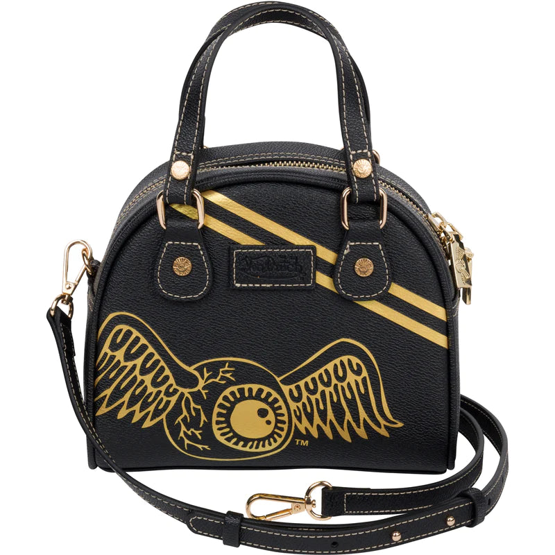 Von Dutch small black bowling bag purse with gold detailing (back view) - 8586