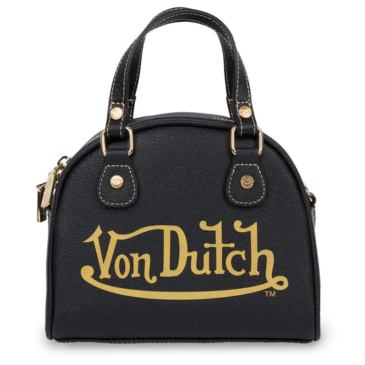 Von Dutch small black bowling bag purse with gold detailing (front view) - 8586