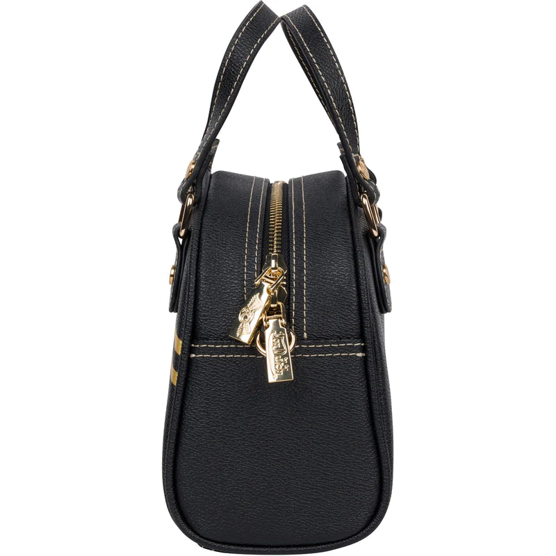 Von Dutch small black bowling bag purse with gold detailing (side view) - 8586