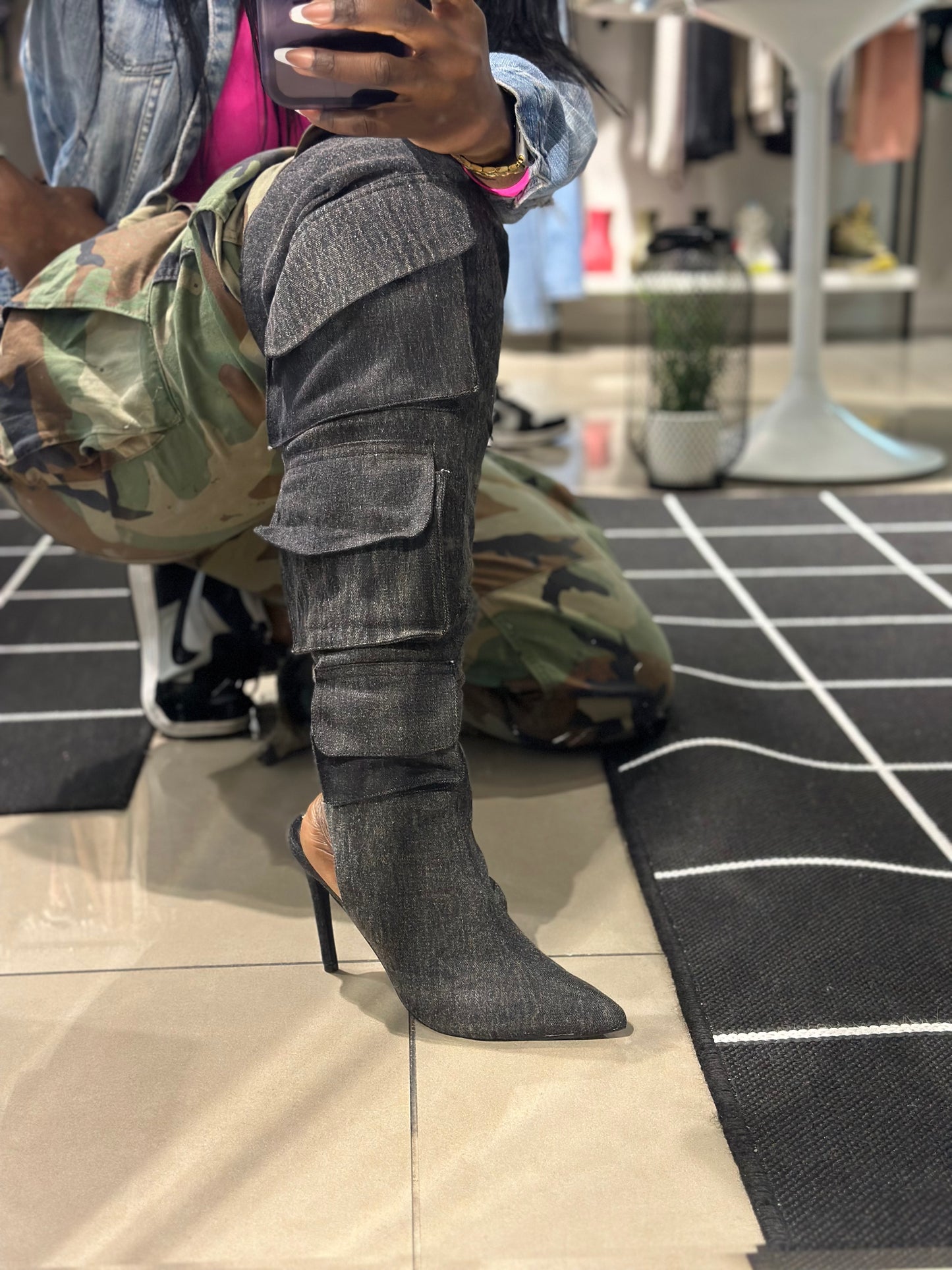 Black denim thigh high boots outlet