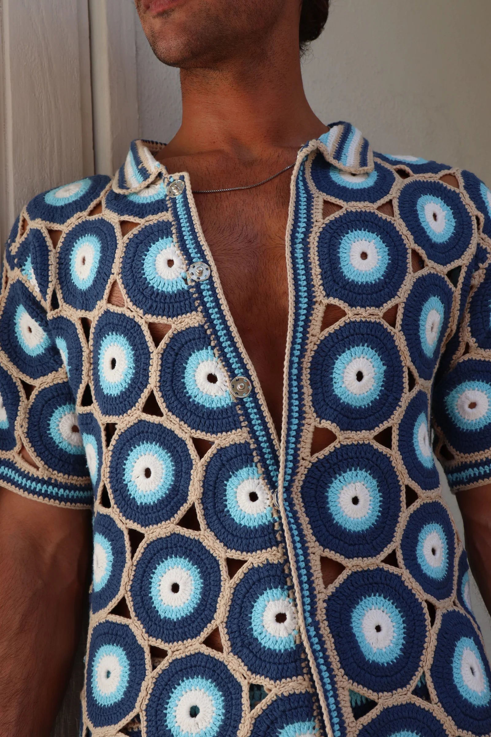 MARVANS: EVIL EYE KNIT SHIRT close up view on model 