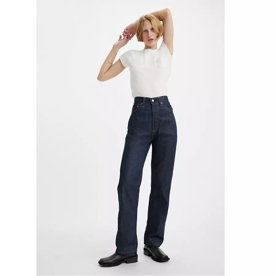 LEVI’S VINTAGE: 1950’s 701 DENIM JEANS (front view on model)