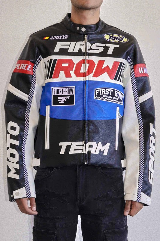 FIRST ROW: CONTRAST MOTOR RACING  LEATHER JACKET