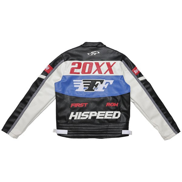 FIRST ROW: CONTRAST MOTOR RACING  LEATHER JACKET