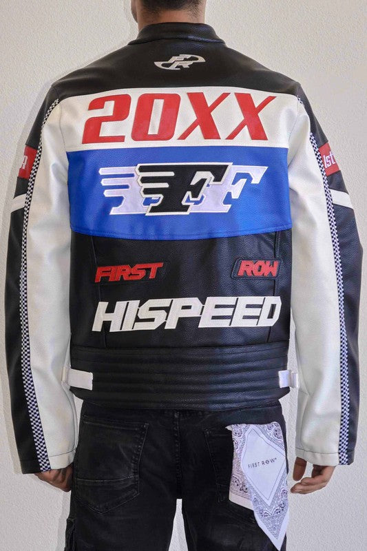 FIRST ROW: CONTRAST MOTOR RACING  LEATHER JACKET