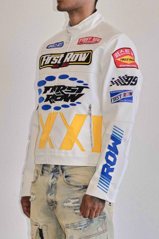 FIRST ROW: CONTRAST MOTOR RACING  LEATHER JACKET