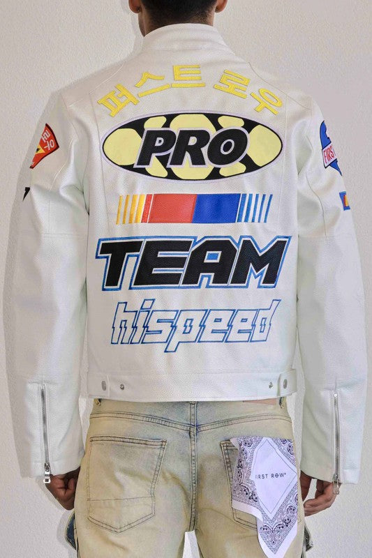 FIRST ROW: CONTRAST MOTOR RACING  LEATHER JACKET