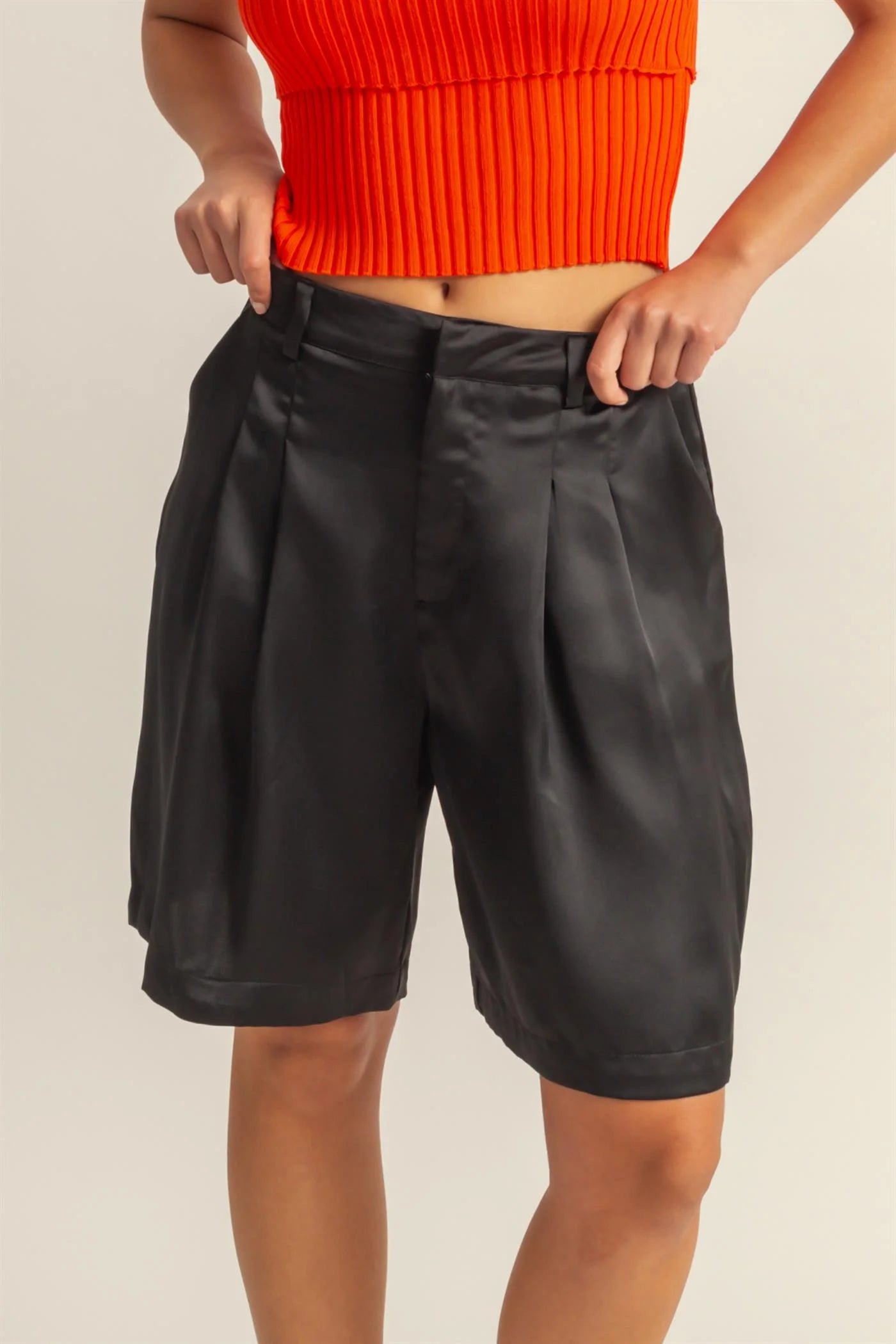 8586: PLEATED SATIN SHORTS