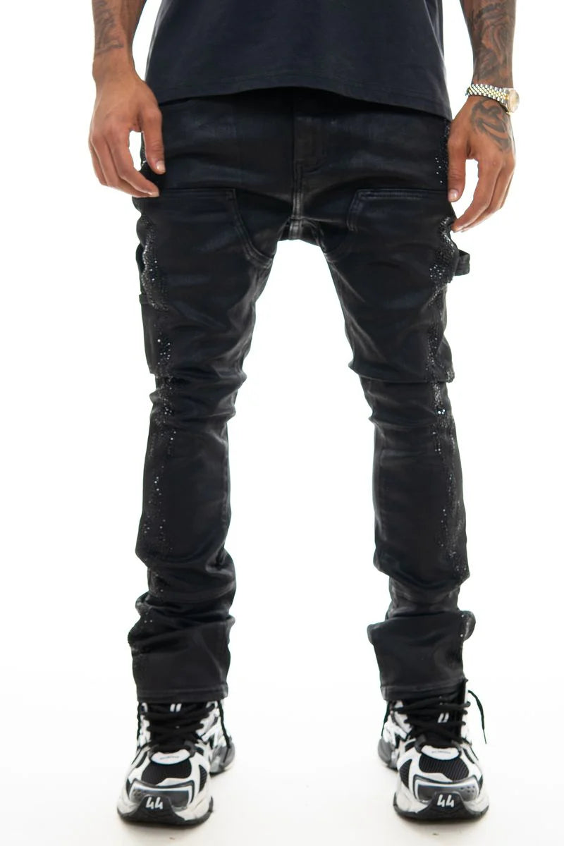 VICIOUS DENIM: WAX  COATED BLACK STUDDED JEANS