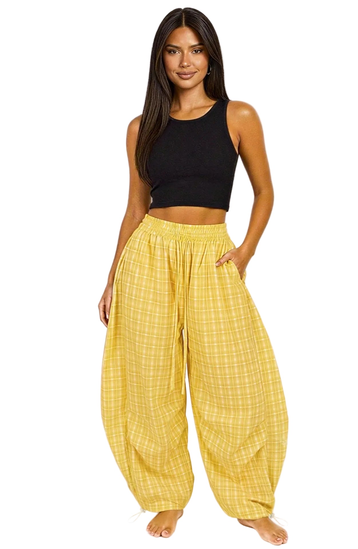 8586: YELLOW WIDE LEG PLAID PANTS