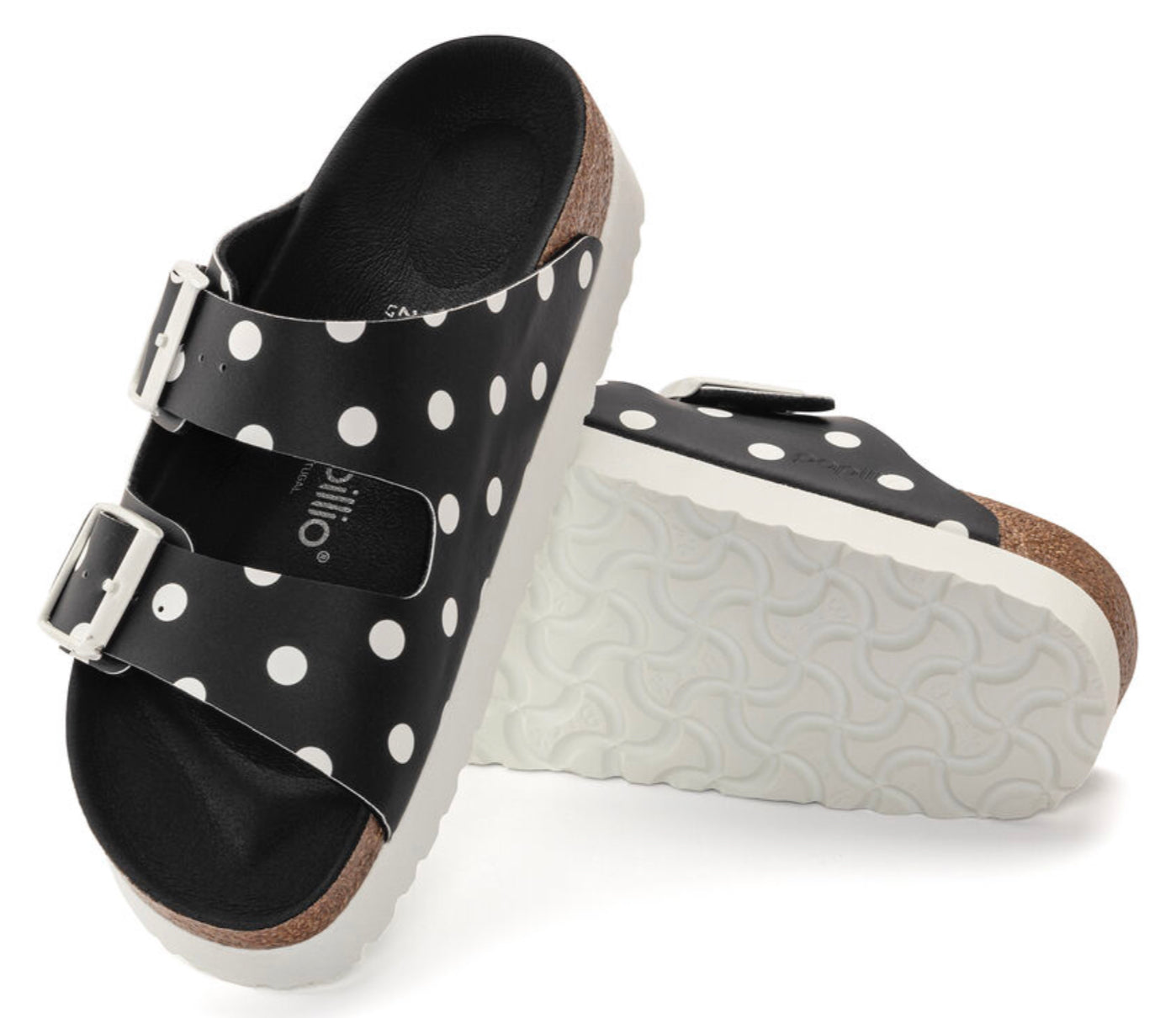 BIRKENSTOCK: ARIZONA GROOVED PLATFORM VEGAN SANDALS (up close view - polka dots)