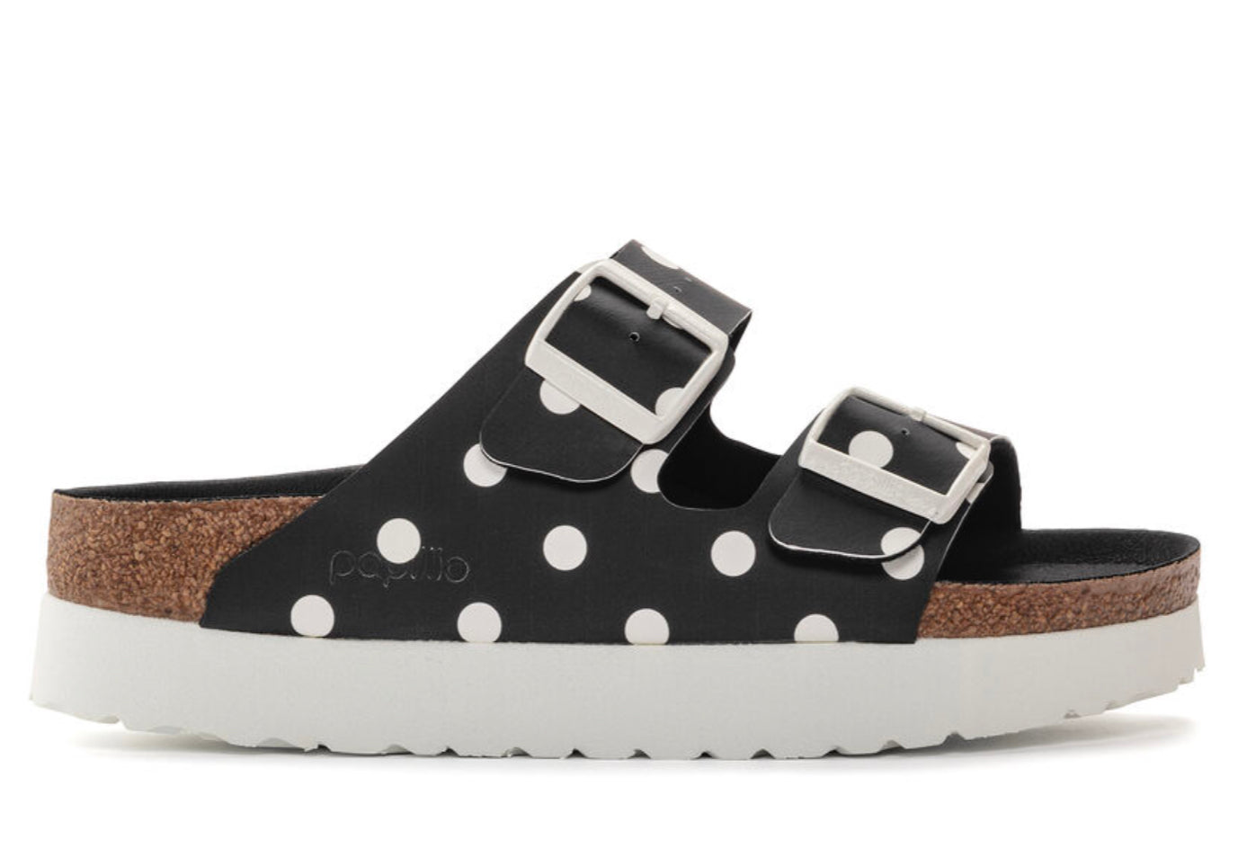 BIRKENSTOCK: ARIZONA GROOVED PLATFORM VEGAN SANDALS (polka dot side view)