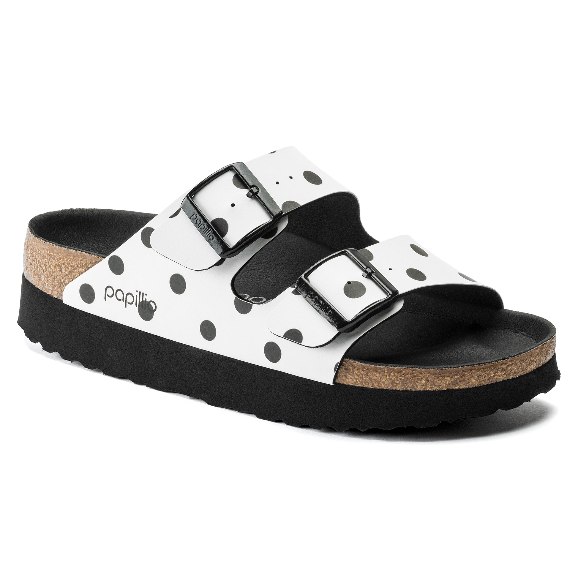 BIRKENSTOCK: ARIZONA GROOVED PLATFORM VEGAN SANDALS (white polka dot side view)