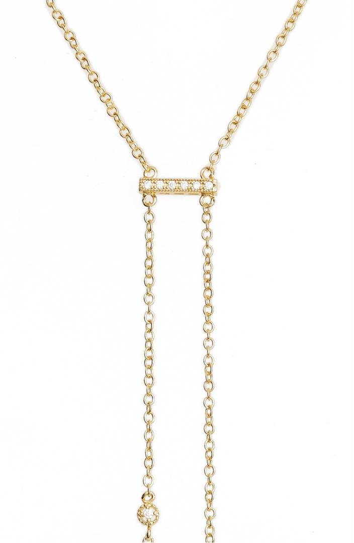 ETTIKA: 18K GOLD DOUBLE HANG Y NECKLACE - 85 86 eightyfiveightysix