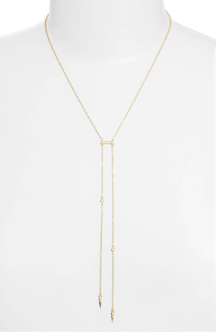 ETTIKA: 18K GOLD DOUBLE HANG Y NECKLACE - 85 86 eightyfiveightysix