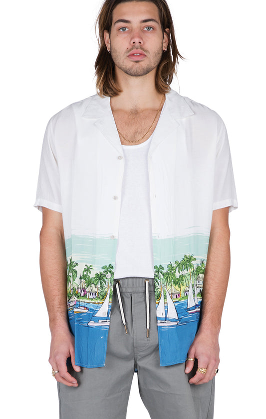 BARNEY COOLS: WHITE VACATION CAMP SHIRT (on model - open)