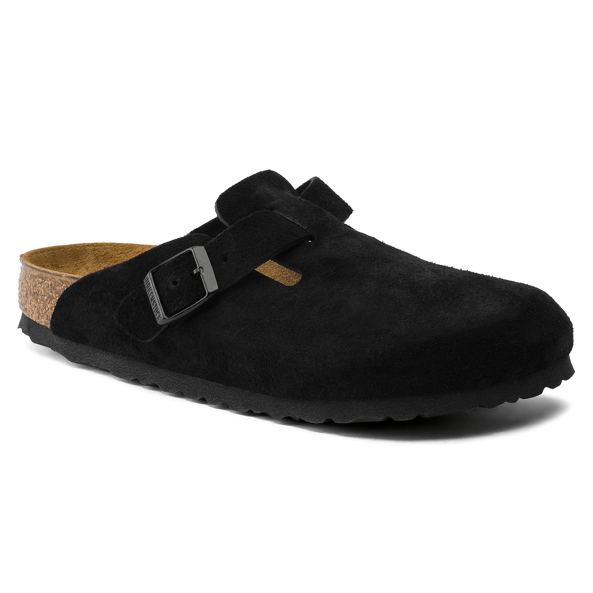 BIRKENSTOCK SOFT FOOTBED BLACK SUEDE CLOG SHOES - 8586