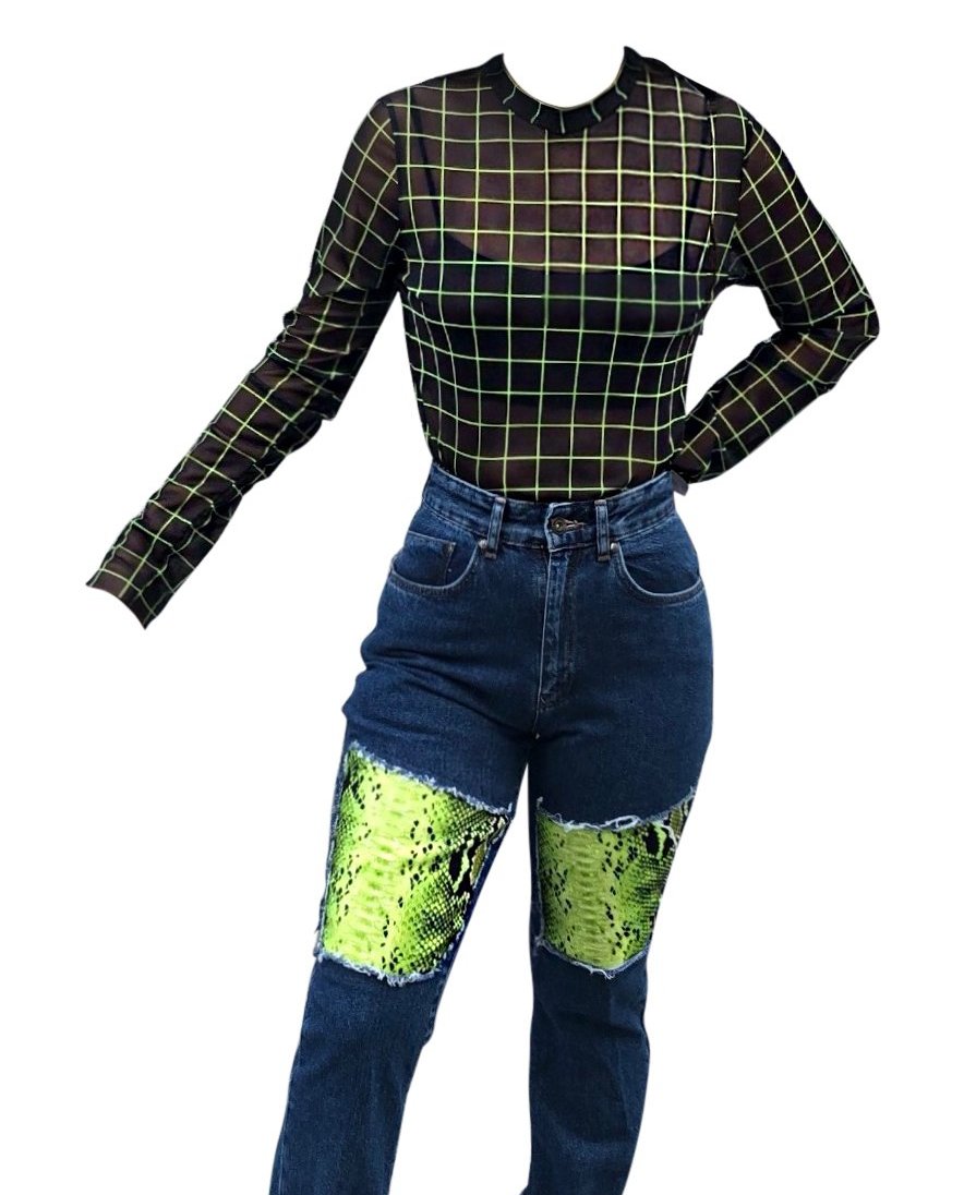 THE RAGGED PRIEST: HIGH WAISTED LIME SNAKESKIN MOM JEAN - 85 86 eightyfiveightysix