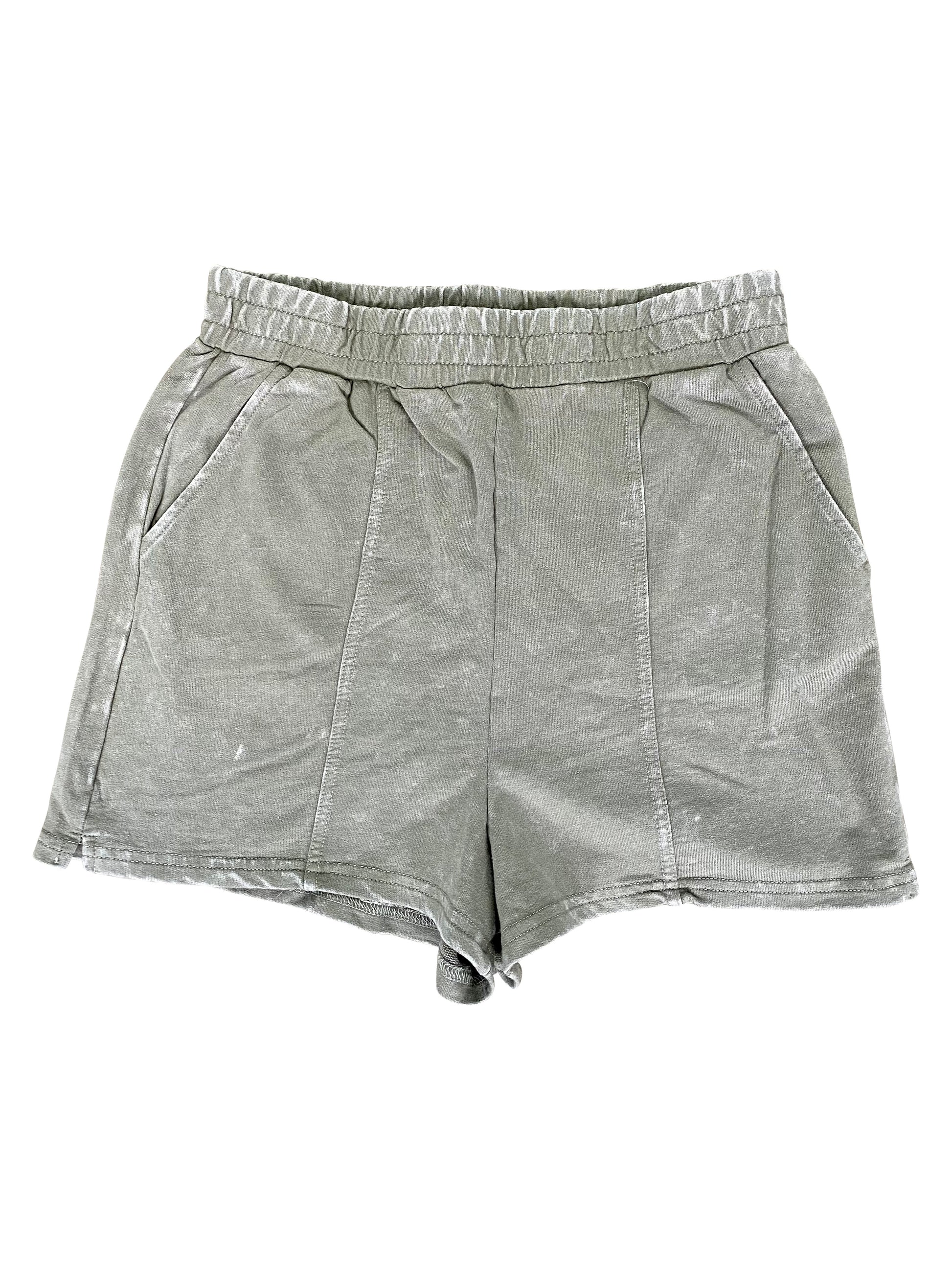 olive green French Terry acid washed shorts - 8586