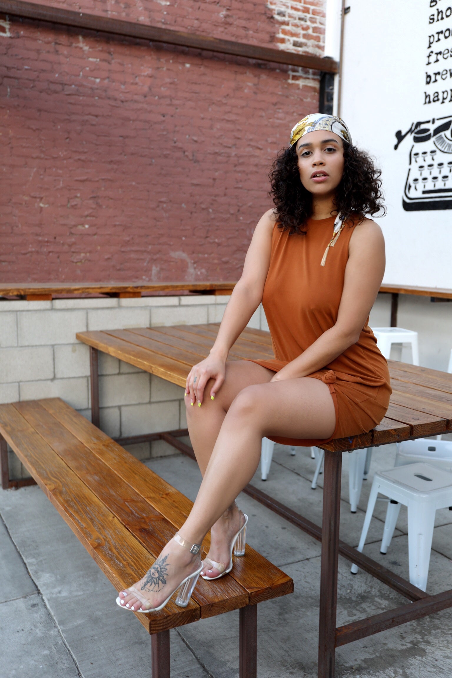 BURNT ORANGE:  MICRO MODAL SLEEVELESS TANK DRESS (burnt orange front view)- 85 86 eightyfiveightysix