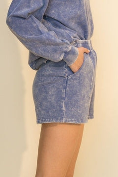 WOMEN'S ACID WASHED INDIGO BLUE SWEAT SHORTS - 8586