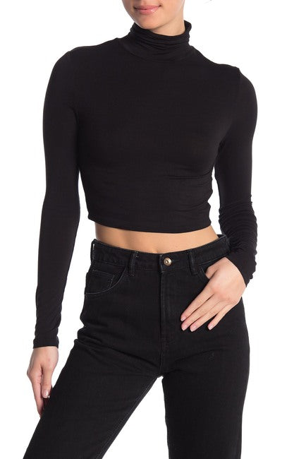 WOMENS BLACK LONG SLEEVE TURTLENECK CROP TOP - 8586