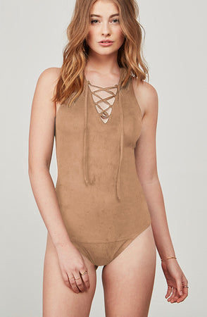 Camel Lace Up Back Thong Bodysuit. Tops