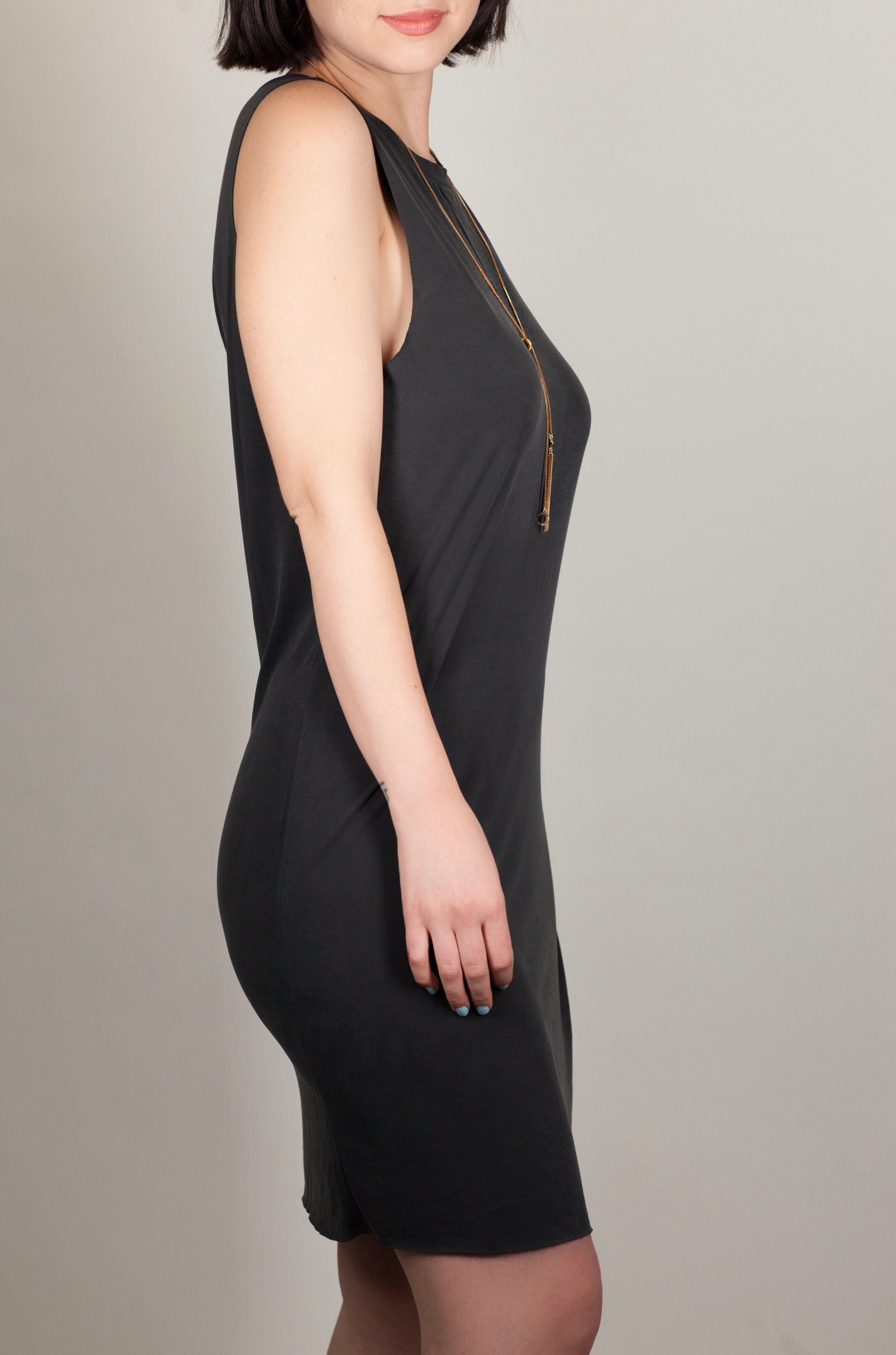 BASICS:  MICRO MODAL SLEEVELESS TANK DRESS (black side view) - 85 86 eightyfiveightysix