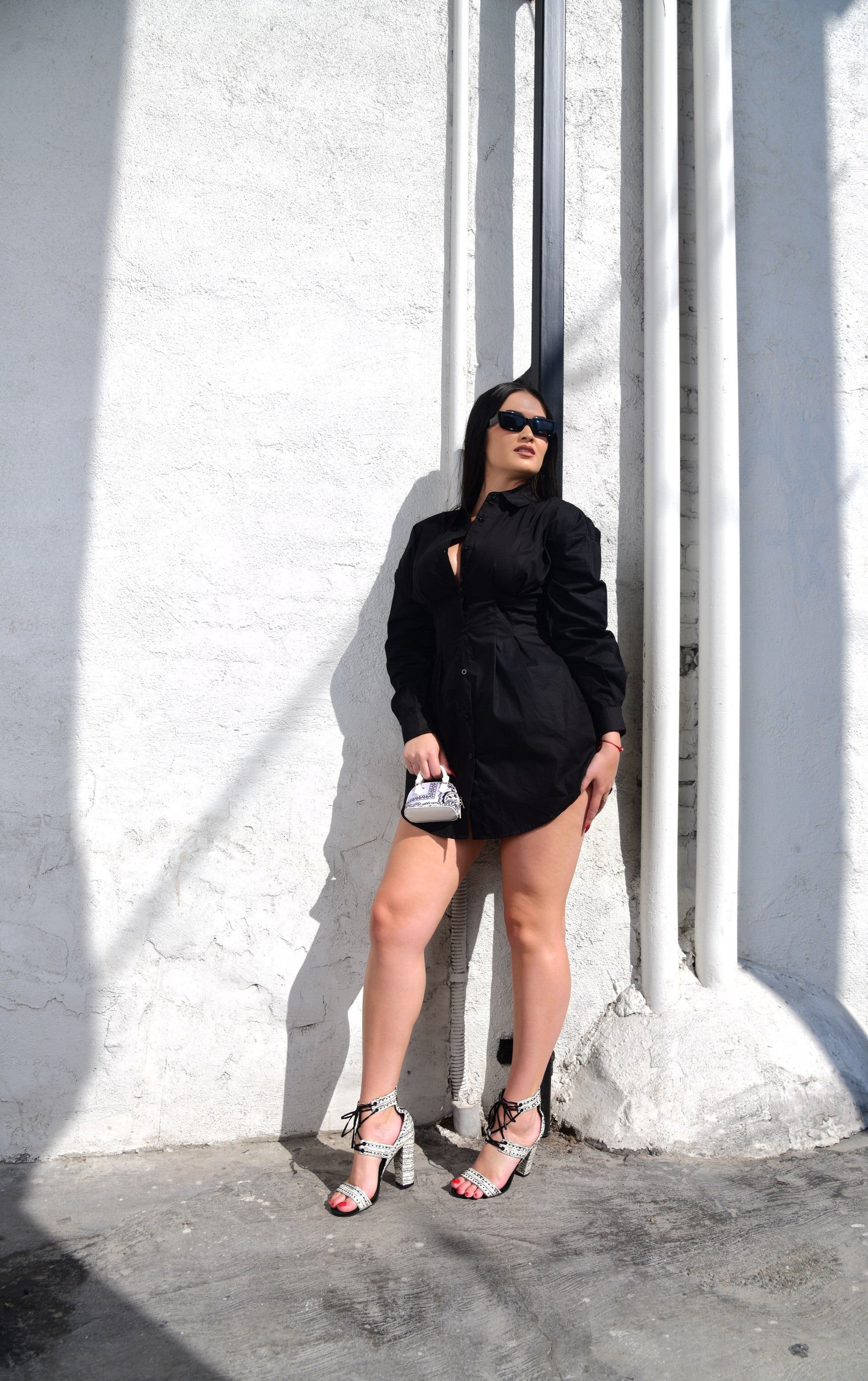 WOMEN'S BLACK POPLIN BUTTON UP CINCHED DRESS - 8586