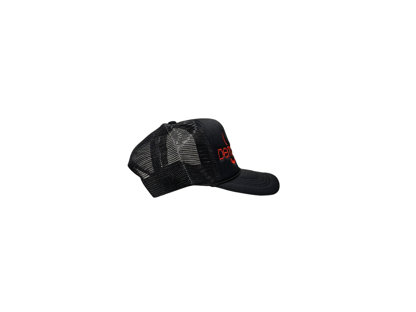 DEMON TIME BLACK TRUCKER HAT (side view)