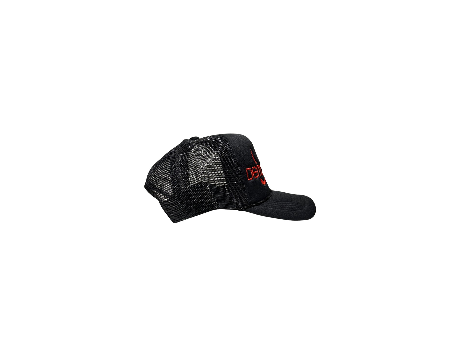 DEMON TIME BLACK TRUCKER HAT (side view)