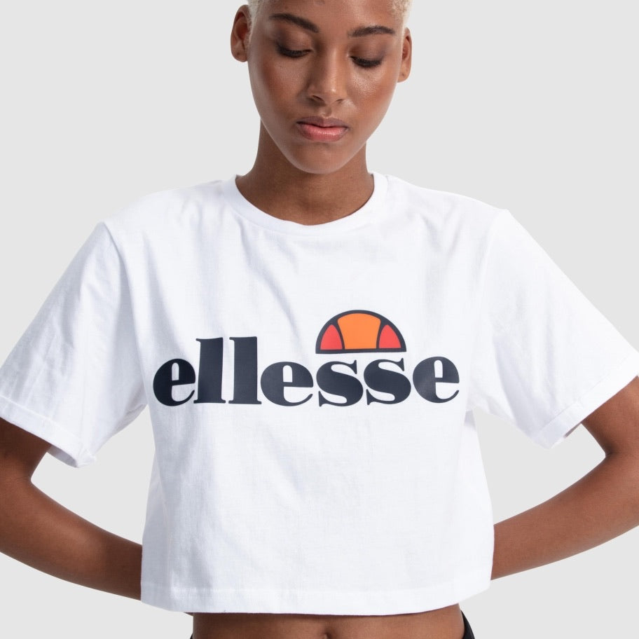 Ellesse Alberta white crop t-shirt - 8586 (close up on model)