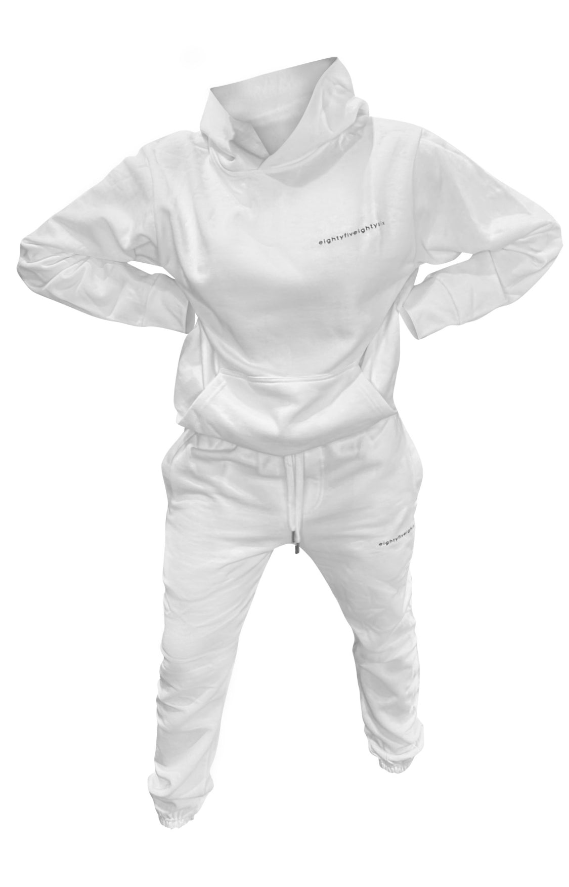 8586: DRAWSTRING LOGO SWEATPANTS IN WHITE (sweatpants and matching hoodie front view)