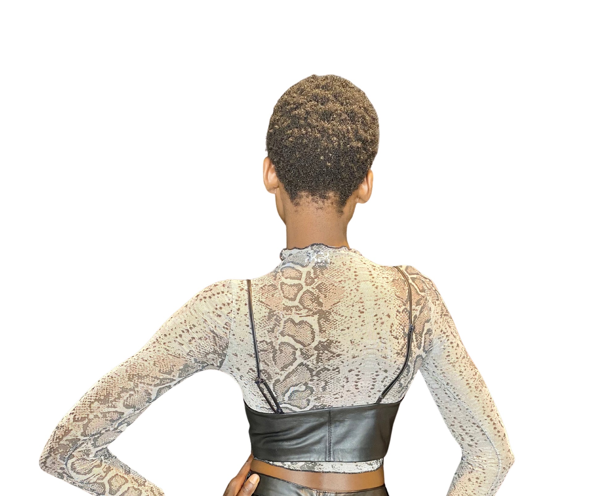 8586: ANIMAL PRINT FEATHERED CROP TOP (back view with black feather trims at wrists)