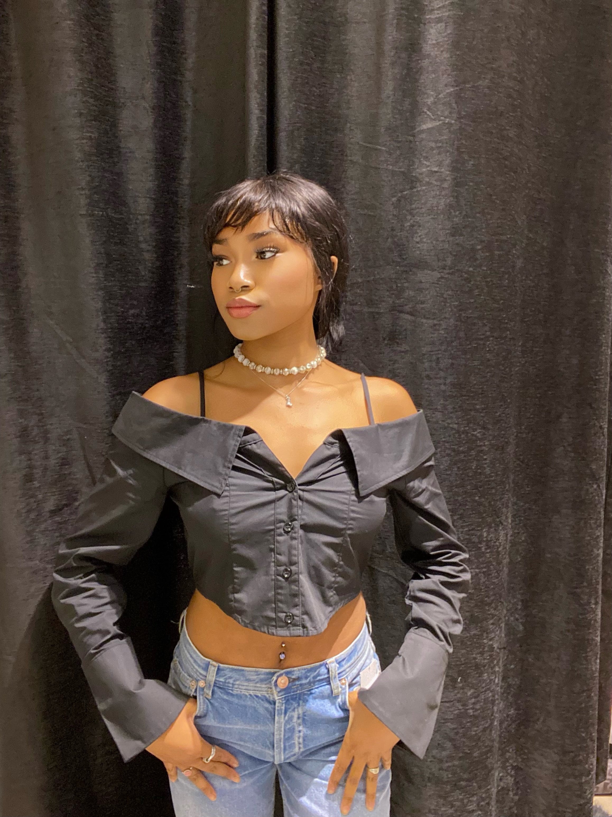 8586 OFF THE SHOULDER CROP BUTTON UP SHIRT 85 86 eightyfiveightysix