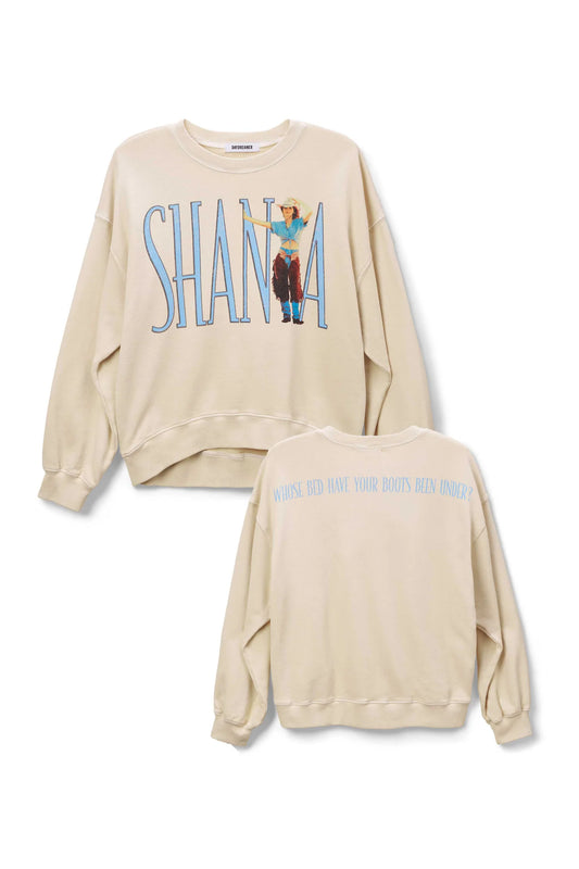 DAYDREAMER: Shania Twain Boots Been Under Oversized Crew (front and back view)