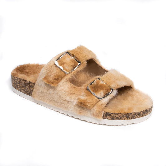 BOHO: FAUX FUR LINED STRAP SANDAL (TAUPE)