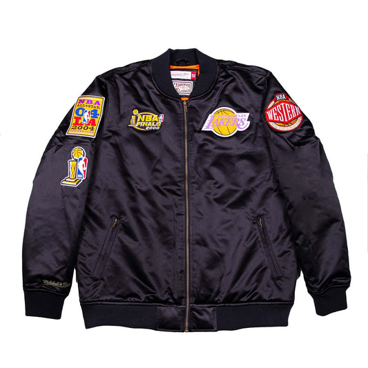 Mitchell & Ness: NBA FLIGHT SATIN BOMBER JACKET LA LAKERS (flat lay view)