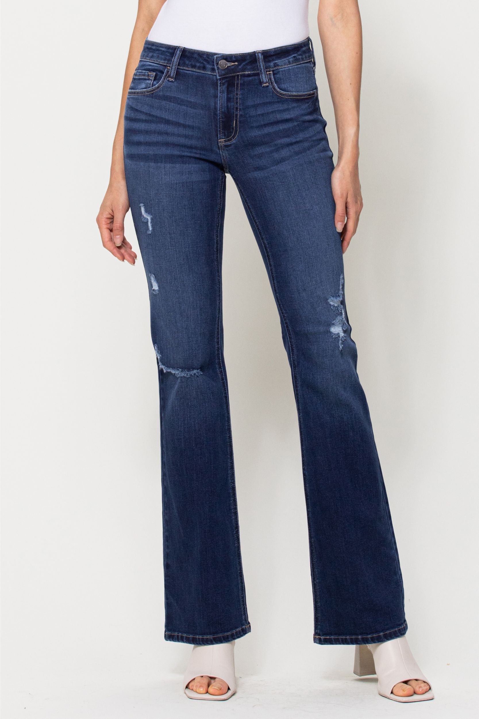 BOHO: MID RISE DISTRESSED FLARE JEAN