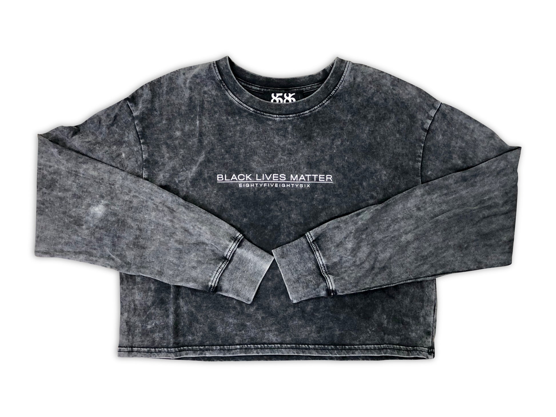 8586: BLACK LIVES MATTER ACID WASH CROP LONG SLEEVE (black front view)