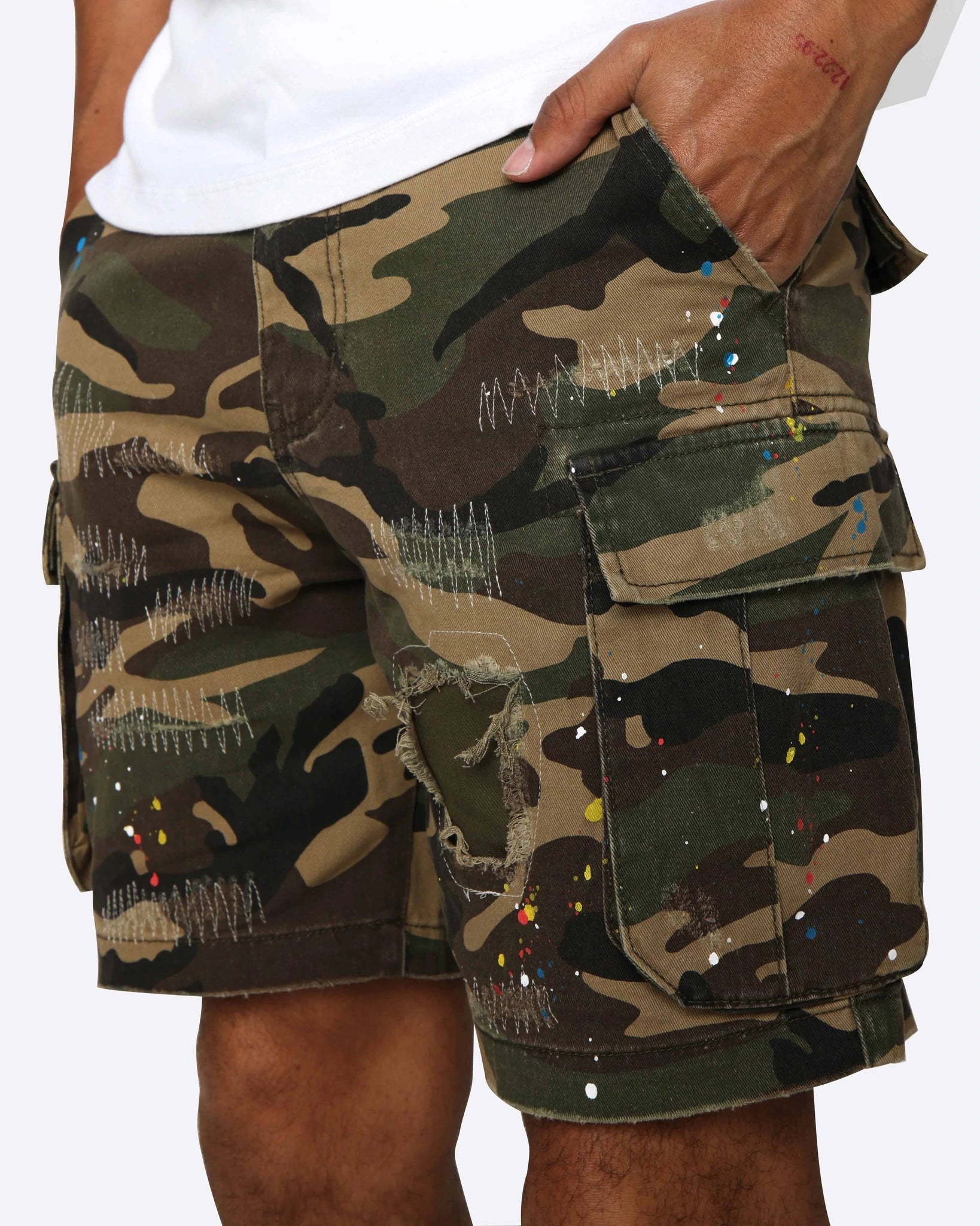 EPTM: DISTRESSED CAMO SHORTS