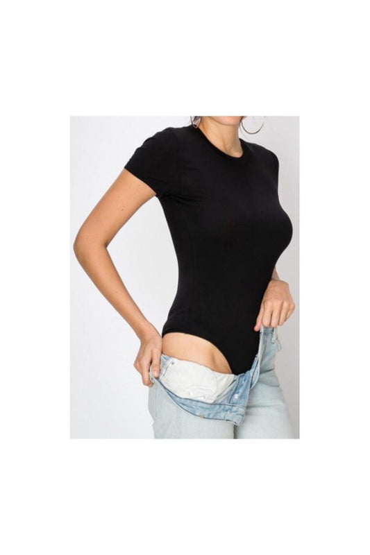 BASICS: MODAL T-SHIRT THONG BODYSUIT - 85 86 eightyfiveightysix black (on model side view)